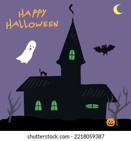 Witch house silhouette on purple background. Halloween elements. Happy Halloween. Hand drawn vector illustration