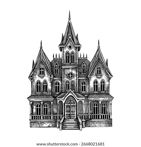 Witch house sketch. Gothic style Victorian mansion hand drawn vector illustration. Retro building architecture design. NOT AI generated