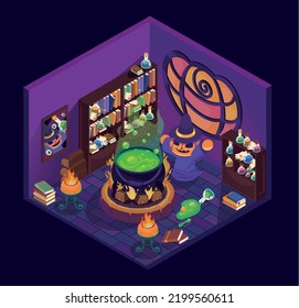 witch house with stuff for magic, isometric style