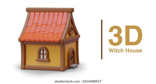 Witch house with tiled roof. Small building for wizard, gnome. Cute color model in cartoon style. Halloween web design template. Object for creative scenes