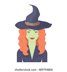 Witch icon in cartoon style isolated on white background. Black and white magic symbol stock vector illustration.