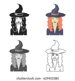 Witch icon in cartoon style isolated on white background. Black and white magic symbol stock vector illustration.