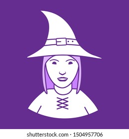 Witch icon in a hat. Halloween banner. Flat vector illustration.Cartoon character. Decoration for the holiday. Autumn celebration.Woman in costume for halloween.