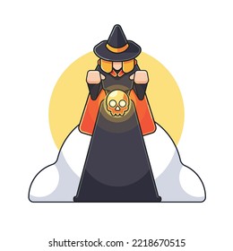 Witch icon illustration in flat design style, a witch holding up a skull, scary halloween illustration, Cute witch