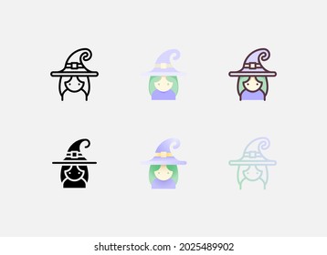 Icono de bruja de seis estilos, contorno, plano, contorno de color, glifo, gradiente plano y estilo de línea de degradado. Adecuado para el evento de Halloween.