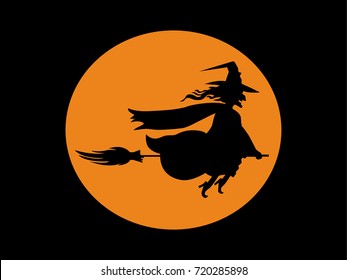 A witch icon/logo flying on a grunge broomstick over the yellow orange full moon with her hat on for the Halloween's day theme.