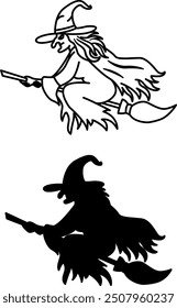 Witch Icons. Black and White Vector Icons. Evil Witch Flying on Broom. Fairytale Character. Halloween Concept