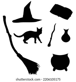 Witch icons flying broomstick witches hat black feline cat kitten familiar pet dark magic spell book
pointy wand cauldron potion poison bottle ingredient pot Halloween witchcraft silhouette symbols   