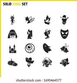 Witch icons set with angry mask, hallowen castle and traditional arabian elements. Set of witch icons and pigeon concept. Editable vector elements for logo app UI design.