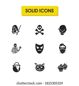 Witch icons set with angry mask, jedi and zombie boy elements. Set of witch icons and cauldron concept. Editable vector elements for logo app UI design.