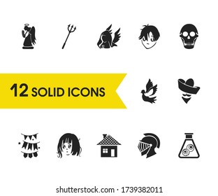 Witch icons set with anime girl, angel statuette and skull elements. Set of witch icons and home concept. Editable vector elements for logo app UI design.