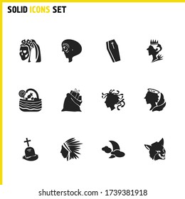 Witch icons set with candies basket, coffin, angel elements. Set of witch icons and extraterrestrial concept. Editable vector elements for logo app UI design.