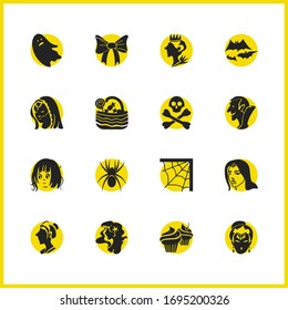 Witch icons set with crossed bones, flying bats and anime girl elements. Set of witch icons and skeleton concept. Editable vector elements for logo app UI design.