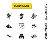 Witch icons set with flying bats, traditional german and traditional arabian elements. Set of witch icons and firework concept. Editable vector elements for logo app UI design.