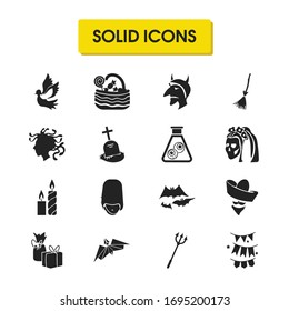 Witch icons set with flying bats, candles, devil elements. Set of witch icons and wildlife concept. Editable vector elements for logo app UI design.