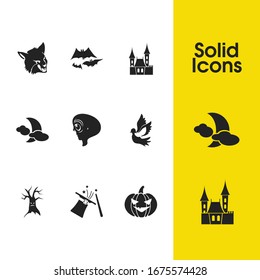 Witch icons set with hallowen castle, flying bats and moon with cloud elements. Set of witch icons and beast concept. Editable vector elements for logo app UI design.