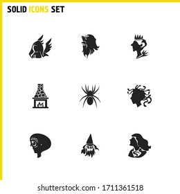 Witch icons set with old magician, spider and chewbacca elements. Set of witch icons and gorgon concept. Editable vector elements for logo app UI design.