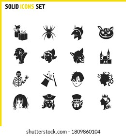 Witch icons set with spider, devil and leprechaun elements. Set of witch icons and dracula concept. Editable vector elements for logo app UI design.