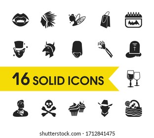 Witch icons set with superhero, queen guard and vampire teeth elements. Set of witch icons and western concept. Editable vector elements for logo app UI design.