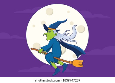 Witch Illustration Halloween. Illustration of a witch flying on a Halloween night when the moon is full. The witch who came out on Halloween night, she flew through the full moon.