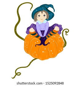witch illustration for halloween. witch on a pumpkin. vector illustration

