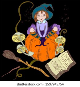 
witch illustration for halloween. witch on a pumpkin. vector illustration
