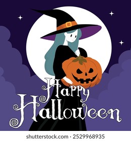 bruxa ilustração, ao luar, com o texto, Feliz Halloween, fundo, banner