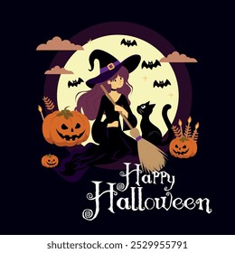 witch illustration, with pumpkin and black cat, in the moonlight, with the text, Happy Halloween, background, banner