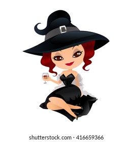 Witch isolated on white background. Cute girl witch in a cartoon style. Vector illustration.