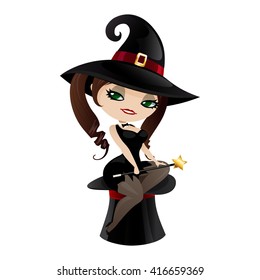 Witch isolated on white background. Cute girl witch in a cartoon style. Vector illustration.