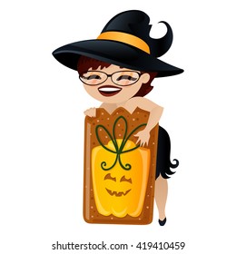 Witch isolated on white background. Cute girl witch in a cartoon style. Vector illustration.