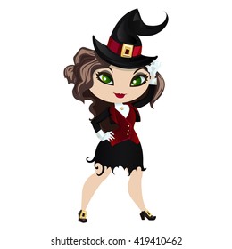 Witch isolated on white background. Cute girl witch in a cartoon style. Vector illustration.