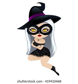 Witch isolated on white background. Cute girl witch in a cartoon style. Vector illustration.