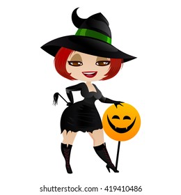 Witch isolated on white background. Cute girl witch in a cartoon style. Vector illustration.