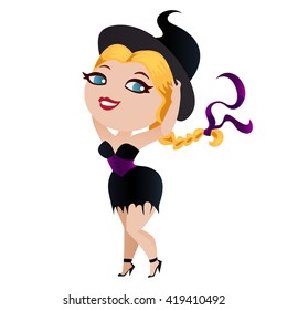 Witch isolated on white background. Cute girl witch in a cartoon style. Vector illustration.