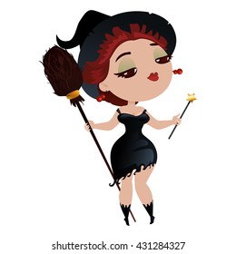 Witch isolated on white background. Girl in witch costume in a cartoon style. Vector illustration.