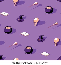 Witch Isometric Halloween seamless Pattern on purple background