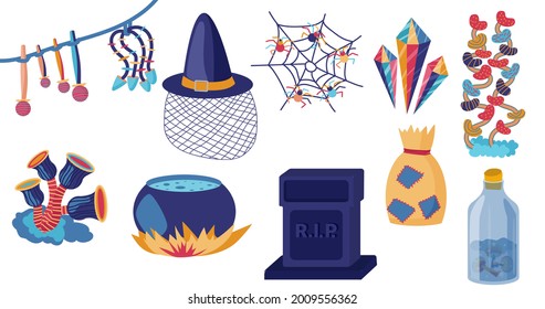 Witch items in cartoon style. spooky isolated vector illustration. Halloween objects set.
