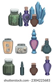 Witch jars doodles collection. Cartoon vector illustrations of glass bottles, mystical jars with eyes, teeth, love potion, crystals. Halloween mystery cliparts isolated on white..