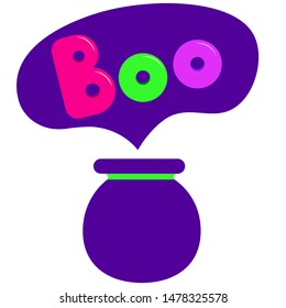 Witch kettle with boo. Halloween element. Drawing for menu, catalog, restaurant, cartoon, game, kitchen. Vector illustration