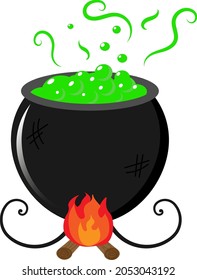 Witch Kettle For Halloween. Black Witch Cauldron With Green Gurgling Potion Cartoon Illustration Isolated Vector