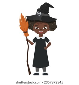 Witch kid halloween. October spooky festival, scary carnival costumation vector cartoon illustration