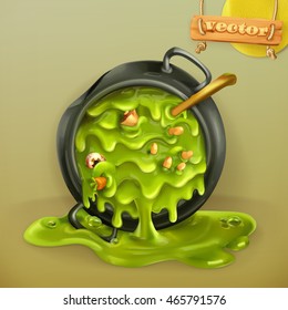 Witch Kitchen. Pot with a potion. Halloween 3d vector icon