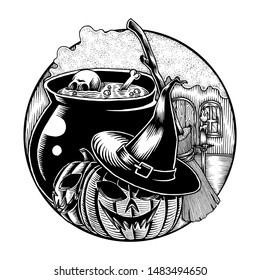 Witch Laboratory Room, Halloween Theme Illustration, Hand Drawn  Sketch, Isolated Vector