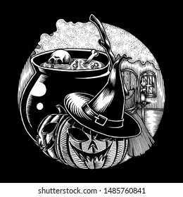 Witch Laboratory Room, Halloween Theme Illustration, Hand Drawn  Sketch, Isolated Vector