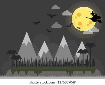 Witch in landscape at night sky, vector background