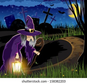 Witch with a lantern on the path leading to the old cemetery. Halloween night scene