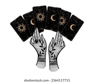 The witch lays out tarot cards. Two female hands and a mystical deck of cards with the moon and sun. Magic hand drawing, vector isolated on white background.