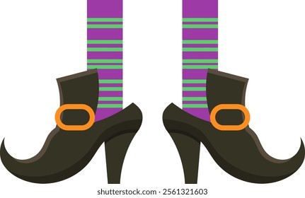 Witch legs adorned in purple and green striped stockings, featuring elegant black shoes with an orange buckle, celebrating at a lively Halloween party