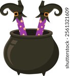 Witch legs adorned with purple stockings and sparkling gold stars are playfully upside down inside a black cauldron, capturing a whimsical and spooky Halloween party vibe